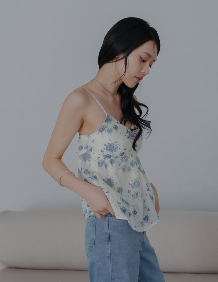 Rita Padded Babydoll Top in Blue Floral