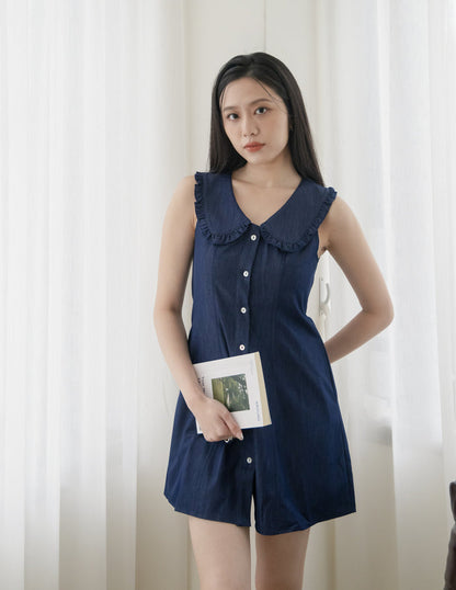 Selena Ruffled Collar Dress in Dark Wash