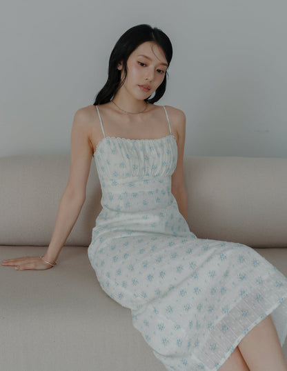 Sophia Lace Trim Midi Dress in Blue Floral