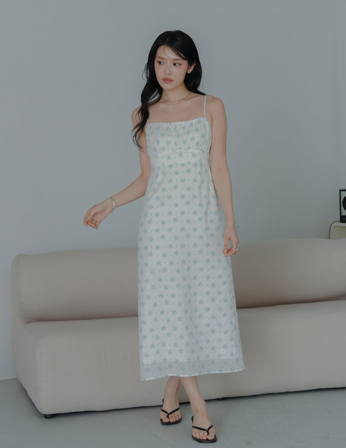 Sophia Lace Trim Midi Dress in Blue Floral
