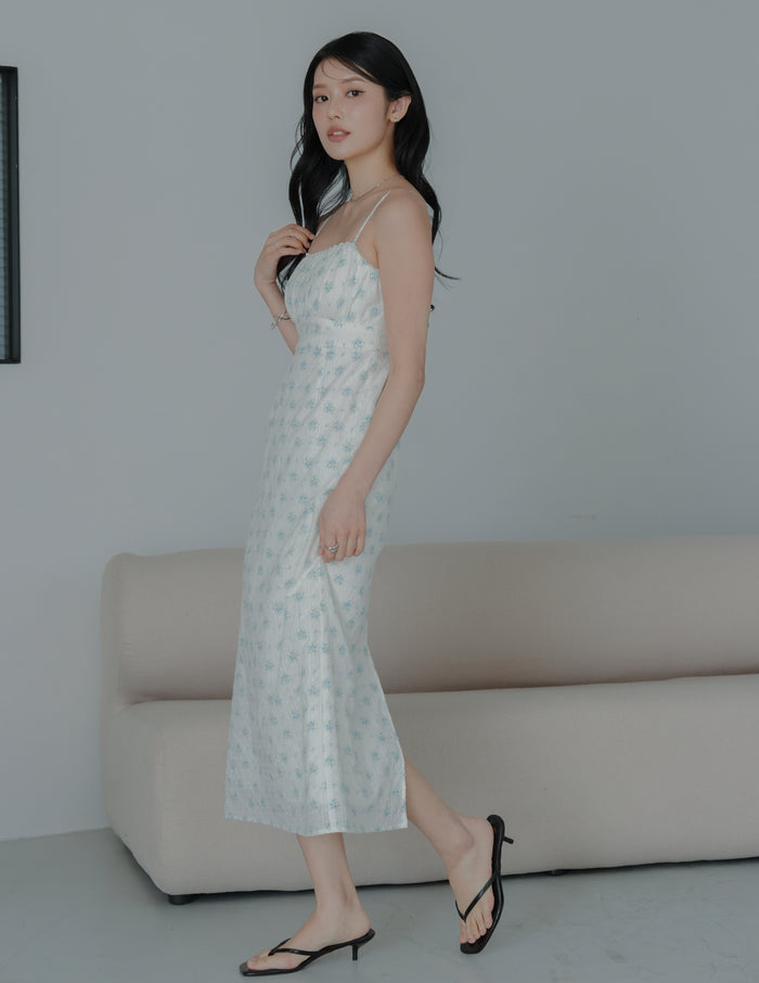 Sophia Lace Trim Midi Dress in Blue Floral