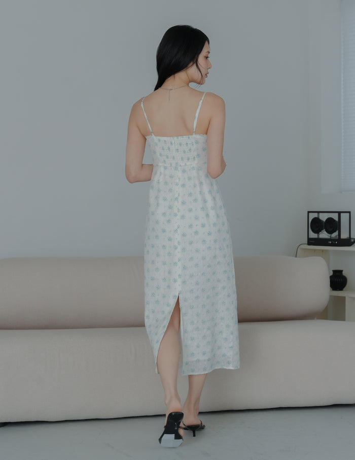 Sophia Lace Trim Midi Dress in Blue Floral