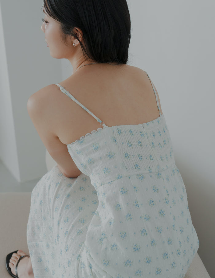Sophia Lace Trim Midi Dress in Blue Floral