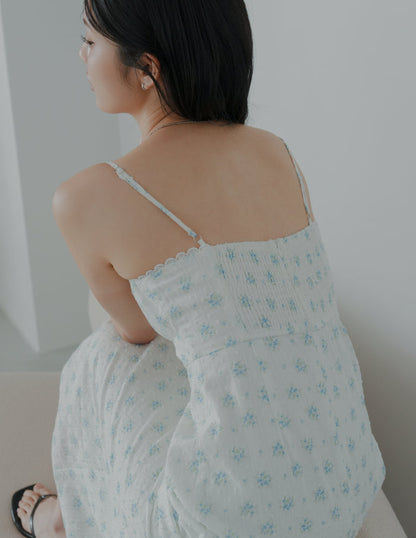 Sophia Lace Trim Midi Dress in Blue Floral