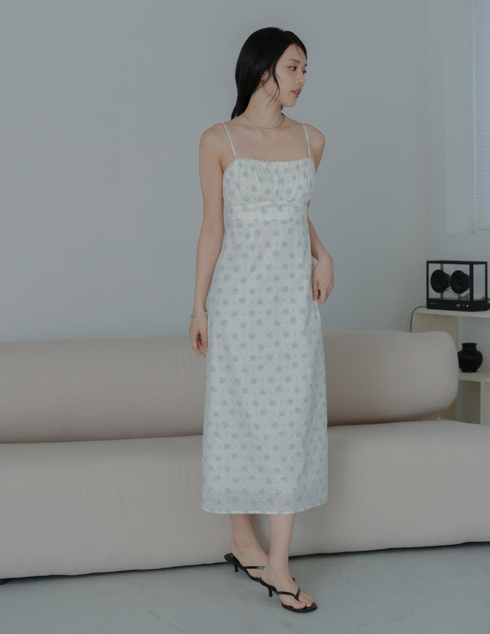 Sophia Lace Trim Midi Dress in Blue Floral