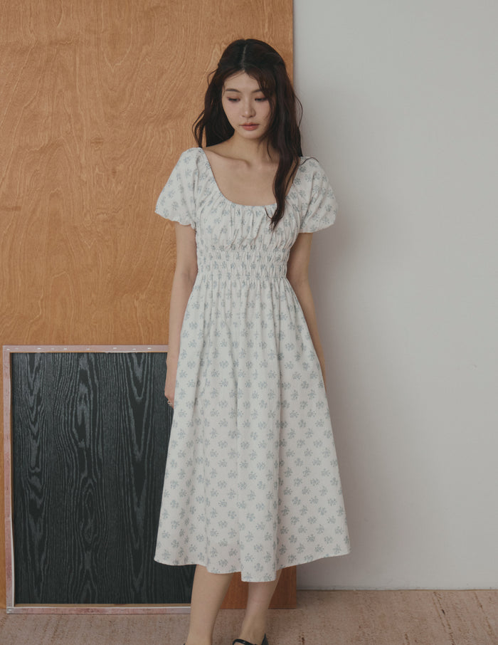 Stefanie Shirred Midi Dress in Blue Floral