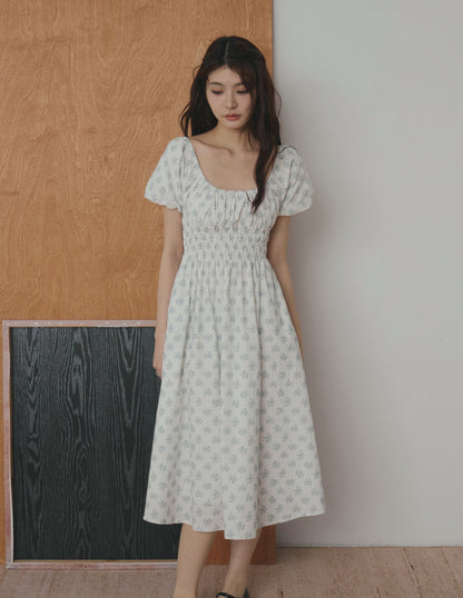 Stefanie Shirred Midi Dress in Blue Floral