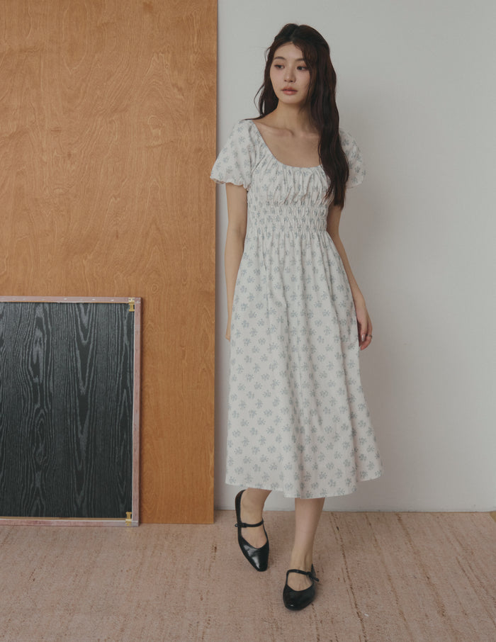 Stefanie Shirred Midi Dress in Blue Floral
