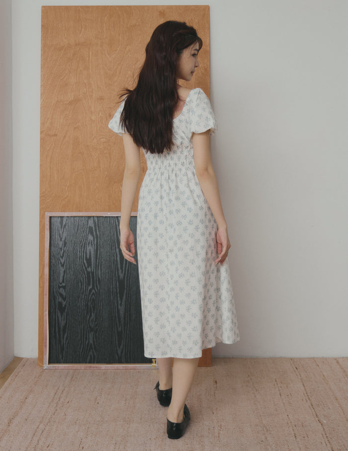 Stefanie Shirred Midi Dress in Blue Floral