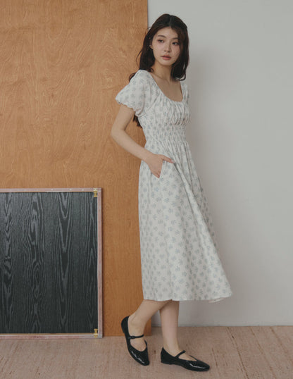 Stefanie Shirred Midi Dress in Blue Floral
