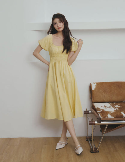 Stefanie Shirred Midi Dress in Yellow