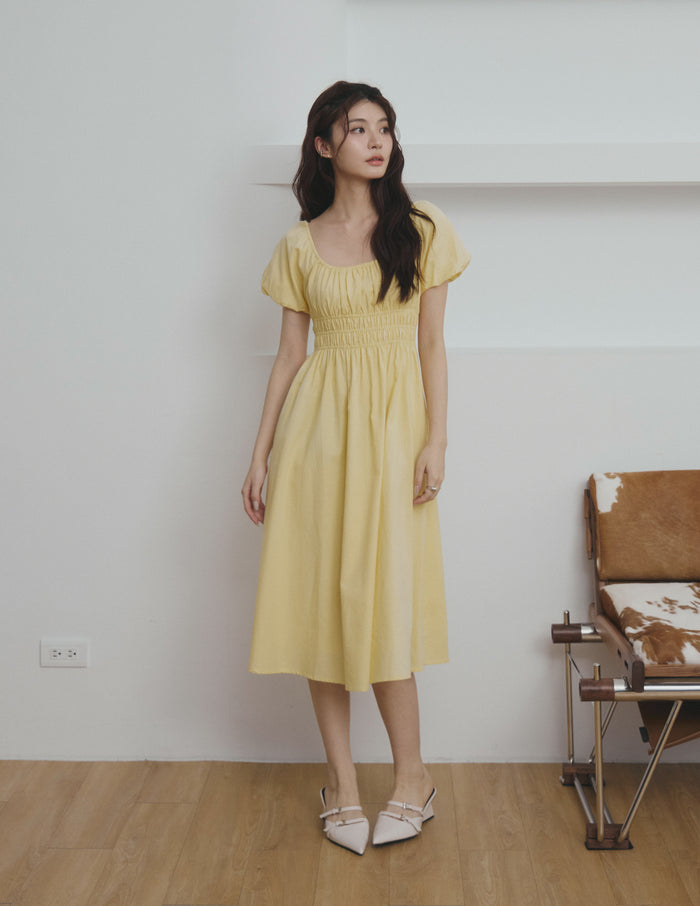 Stefanie Shirred Midi Dress in Yellow
