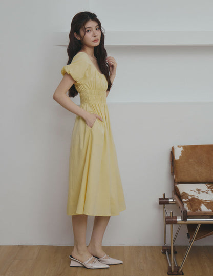 Stefanie Shirred Midi Dress in Yellow
