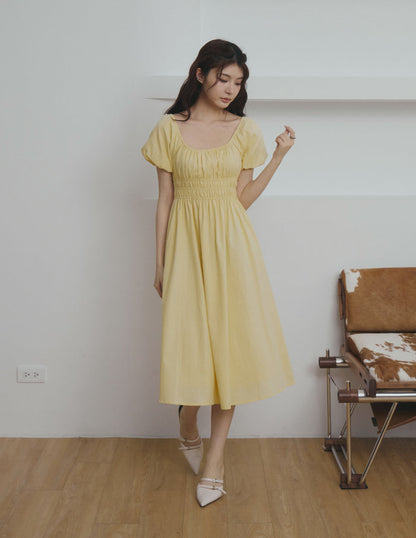 Stefanie Shirred Midi Dress in Yellow