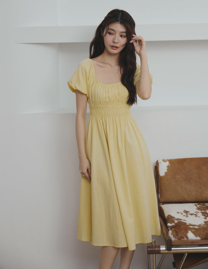 Stefanie Shirred Midi Dress in Yellow