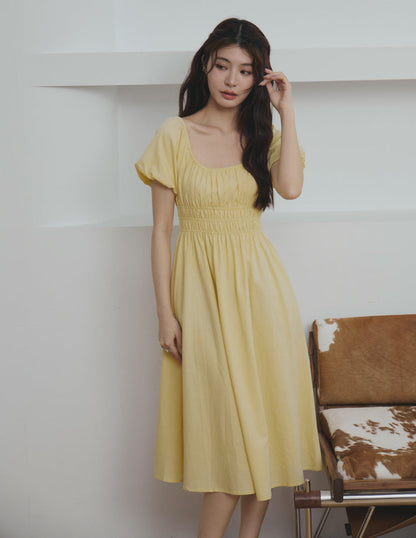 Stefanie Shirred Midi Dress in Yellow