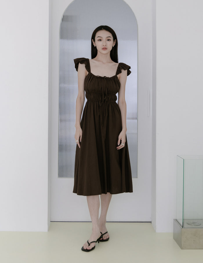 Sylvie Tie Front Linen Midi Dress in Coffee