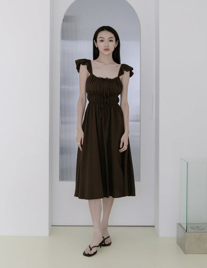 Sylvie Tie Front Linen Midi Dress in Coffee