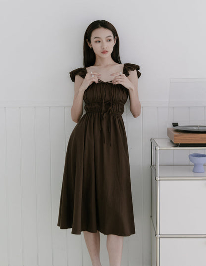 Sylvie Tie Front Linen Midi Dress in Coffee