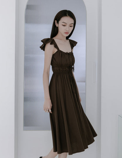 Sylvie Tie Front Linen Midi Dress in Coffee