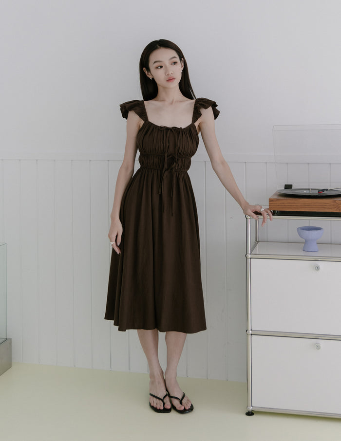 Sylvie Tie Front Linen Midi Dress in Coffee