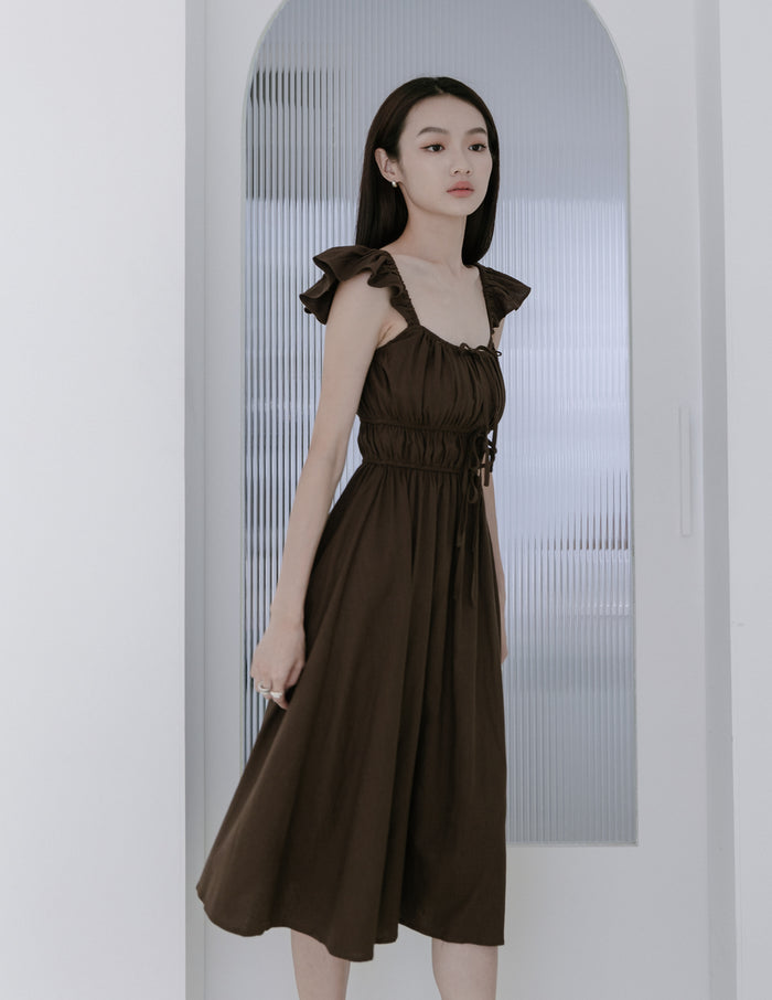 Sylvie Tie Front Linen Midi Dress in Coffee