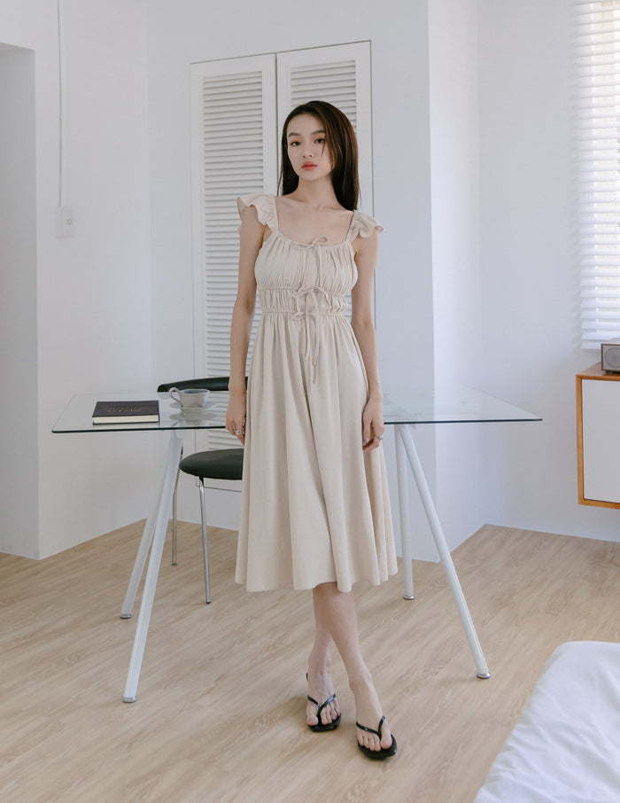 Sylvie Tie Front Linen Midi Dress in Oat