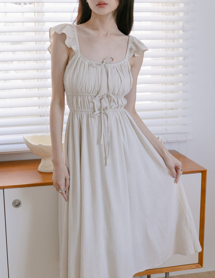 Sylvie Tie Front Linen Midi Dress in Oat