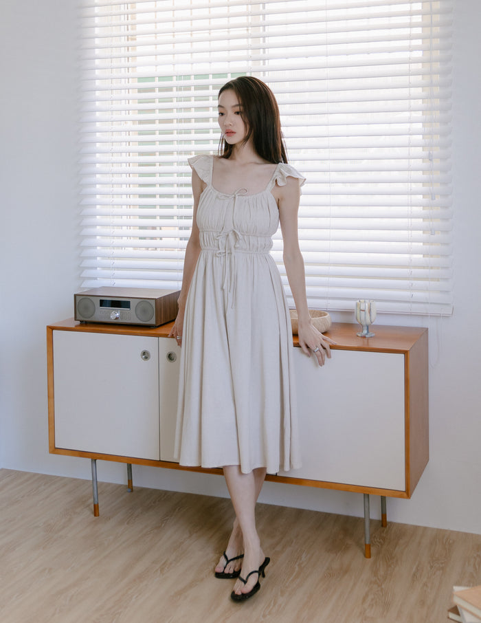 Sylvie Tie Front Linen Midi Dress in Oat