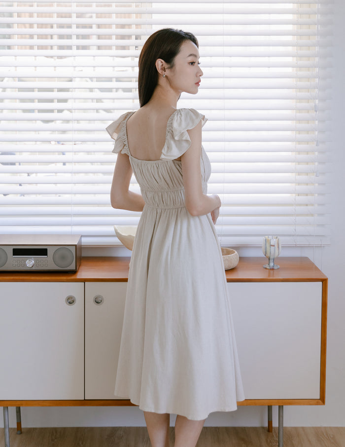 Sylvie Tie Front Linen Midi Dress in Oat