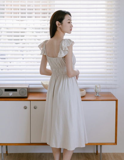 Sylvie Tie Front Linen Midi Dress in Oat