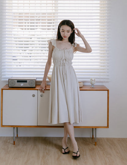 Sylvie Tie Front Linen Midi Dress in Oat