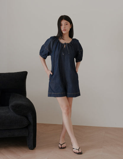 Trixi Oversized Denim Romper in Dark Wash