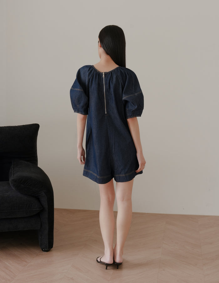 Trixi Oversized Denim Romper in Dark Wash