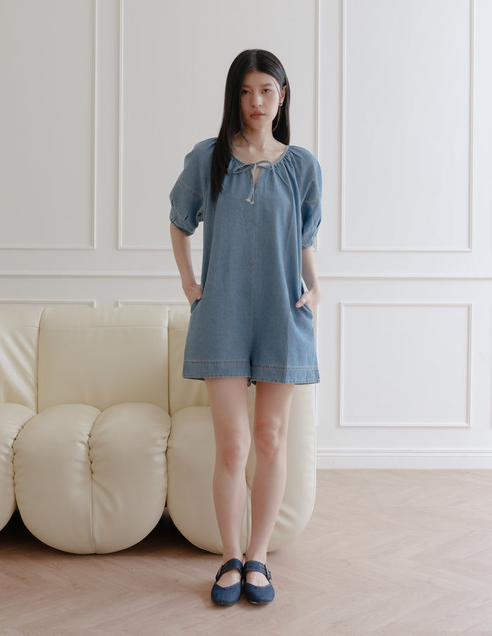 Trixi Oversized Denim Romper in Mid Wash