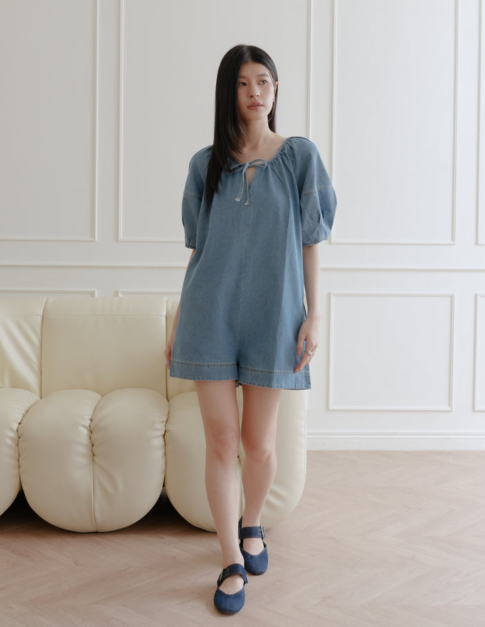 Trixi Oversized Denim Romper in Mid Wash