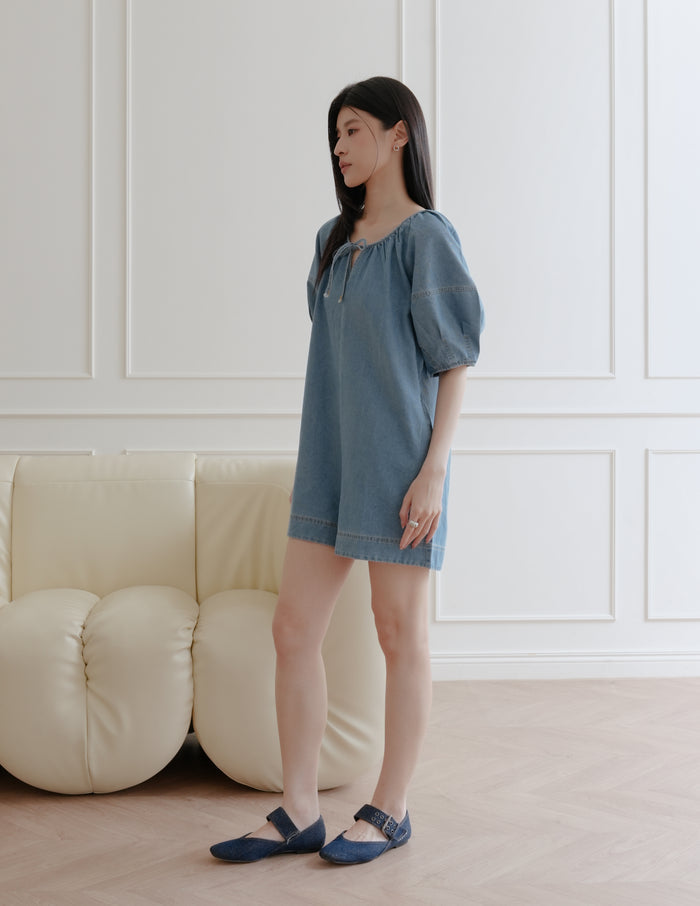 Trixi Oversized Denim Romper in Mid Wash