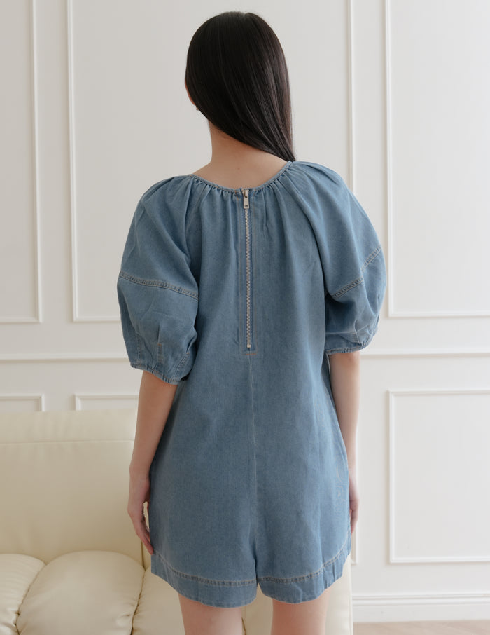 Trixi Oversized Denim Romper in Mid Wash
