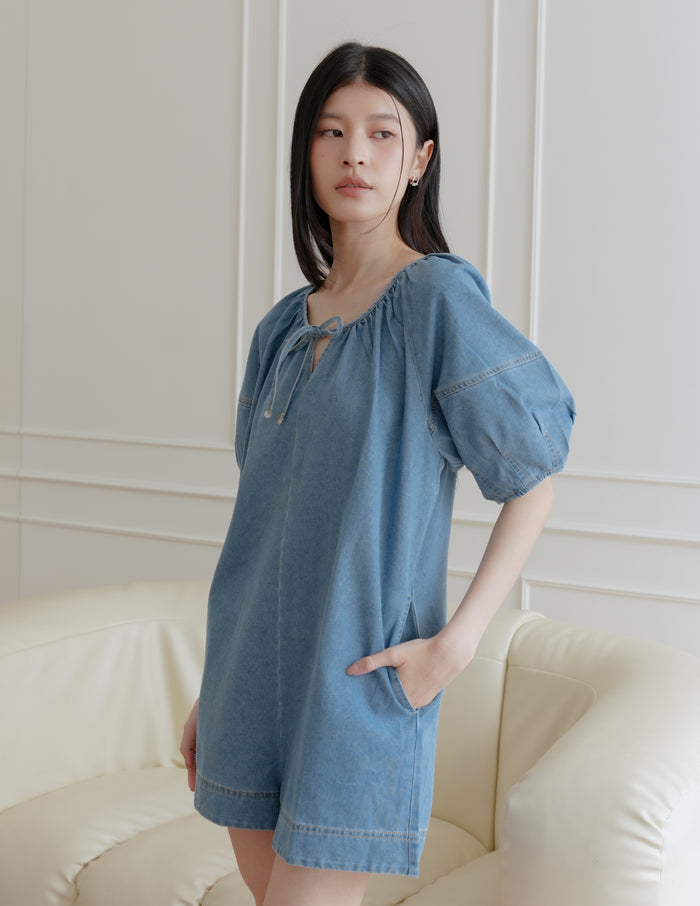 Trixi Oversized Denim Romper in Mid Wash