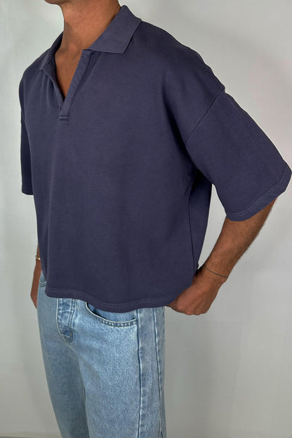 Jersey Crop Polo Washed Navy