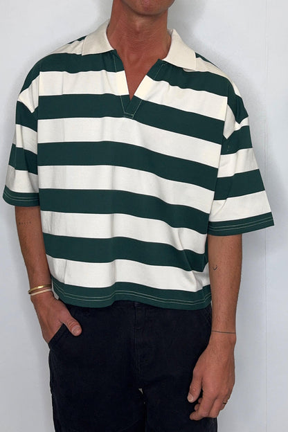 Jersey Crop Polo Stripe Emerald