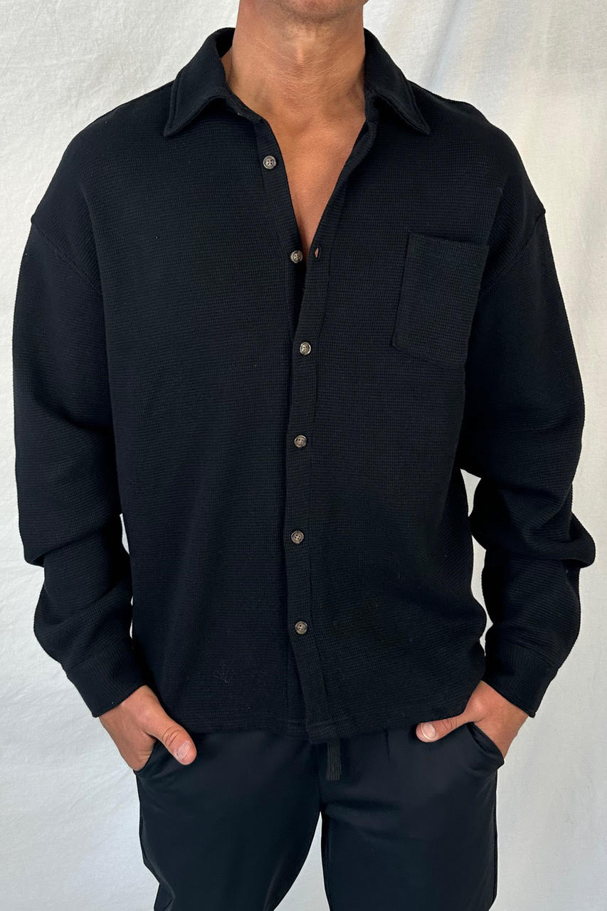 Long Sleeve Waffle Shirt Black