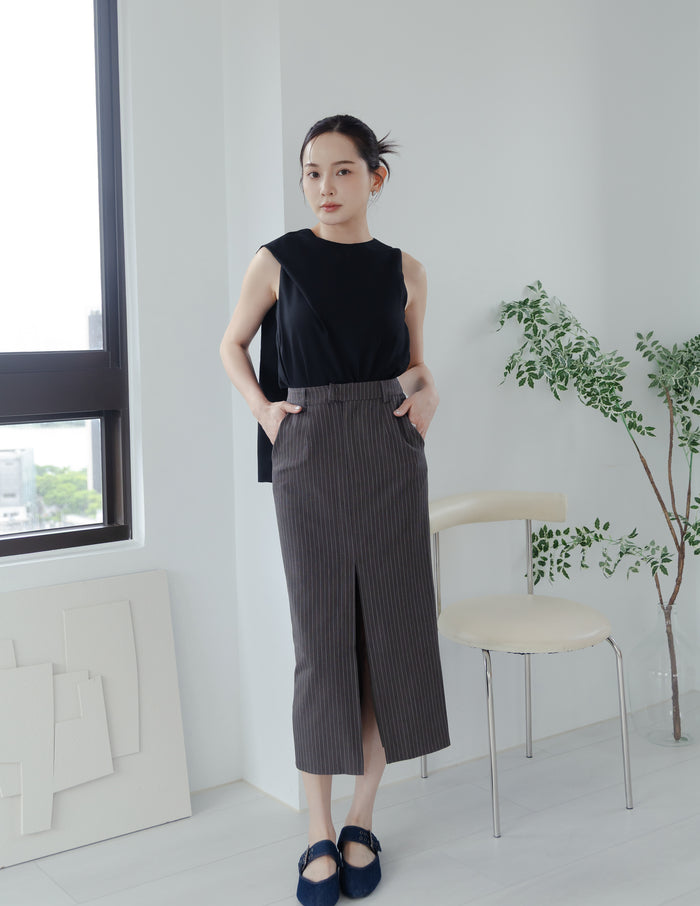 Yara Pinstripe Midi Skirt in Dark Grey