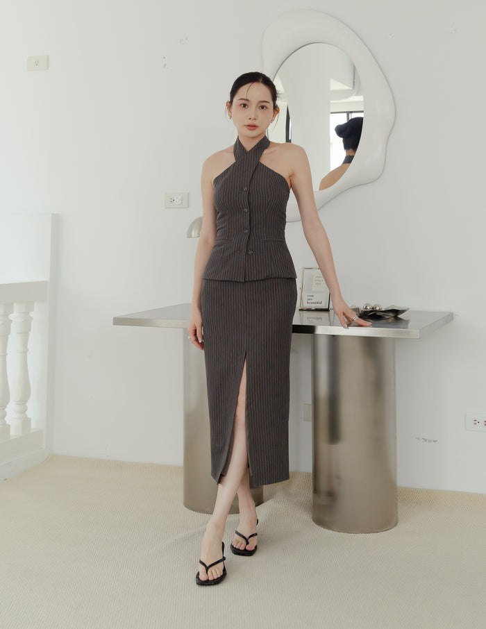 Yara Pinstripe Midi Skirt in Dark Grey