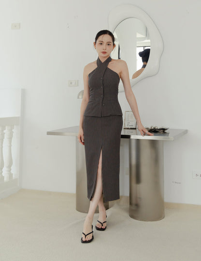 Yara Pinstripe Midi Skirt in Dark Grey