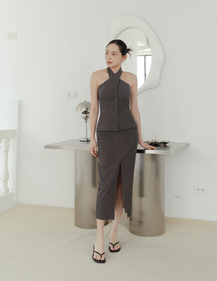 Yara Pinstripe Midi Skirt in Dark Grey