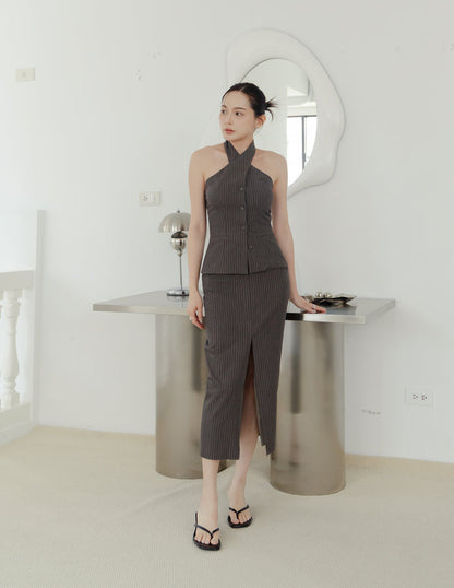 Yara Pinstripe Midi Skirt in Dark Grey