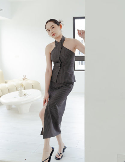 Yara Pinstripe Midi Skirt in Dark Grey