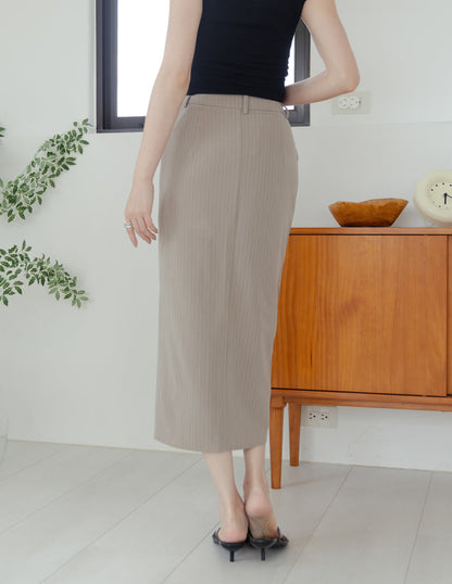 Yara Pinstripe Midi Skirt in Taupe