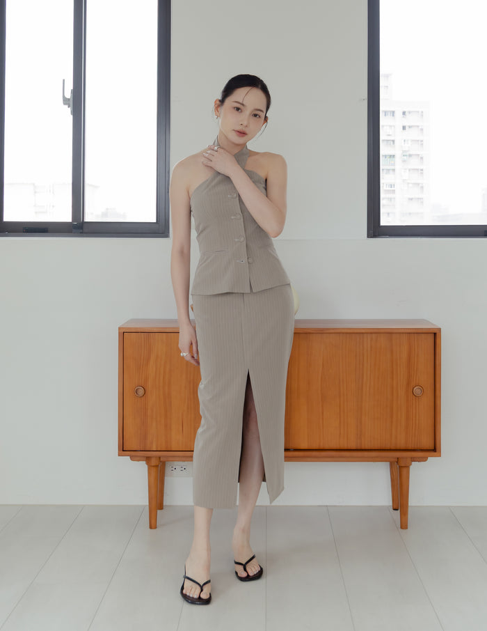 Yara Pinstripe Midi Skirt in Taupe